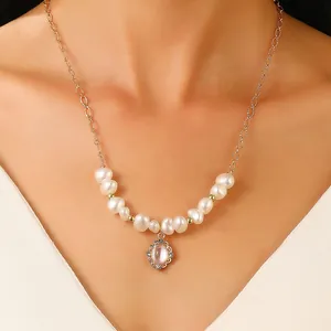 Collar con Colgante de Perlas Artificiales de Imitación Vintage Francés para Mujer Elegante Aleación Bañada en Oro Plata con Strass