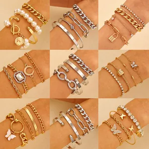 Bracelet Bangle Collection Women Multi Layer Stackable Alloy Brass Iron Rhinestone Faux Artificial Pearl Punk Hip Hop Jewelry