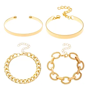 4-piece gold alloy punk hip hop bracelet set with cuban link and open bangle design
