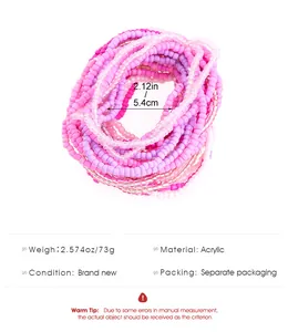 Detailed view of layered acrylic beaded bracelets in pink and purple gradient with size specs