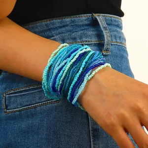 Blue gradient multilayer seed bead elastic bracelet set for women handmade jewelry