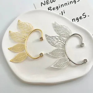 Ear cuff a foglia stile vintage oro e argento con strass trasparenti per donne senza buco