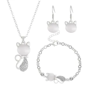 Exquisite silver cat opal jewelry set featuring necklace, bracelet and hook earrings