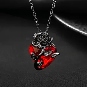 Gothic Rose Heart Pendant Necklace Alloy Red Rhinestone Jewelry For Women Valentine Gift Dark Style Accessory
