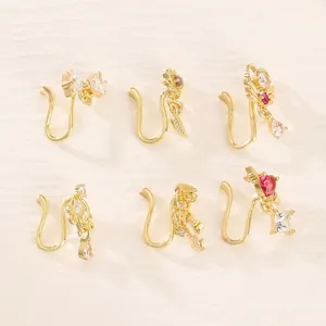 Set of 6 gold plated copper U-shaped non-piercing nose clips with colorful zircon stones