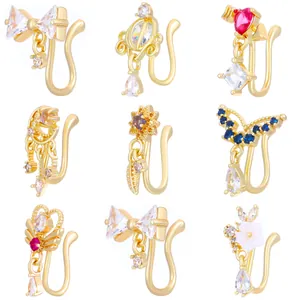 Set of 9 gold-plated U-shaped faux nose rings with multi-color cubic zirconia charms