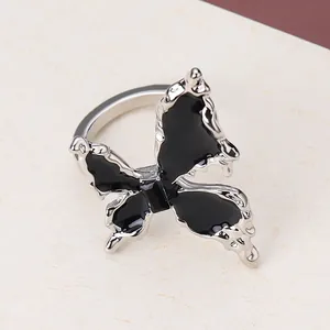 Dark style asymmetric black butterfly open ring with silver metal and enamel finish