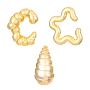 Three-piece gold plated water-drop ear cuff set with minimalist geometric wave design