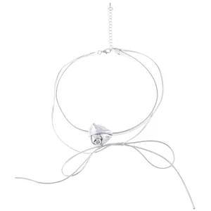 Detail of silver 3D rose choker necklace with adjustable chain and lobster clasp