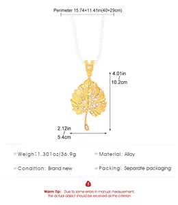 Detailed specs of the gold leaf pendant necklace featuring measurements and alloy material