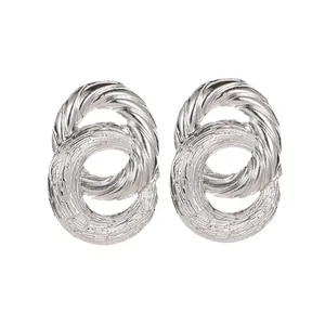 Silver twisted rope and hammered texture C-shaped hoop earrings with industrial style