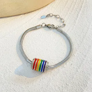 Silver snake chain bracelet with vibrant six-color rainbow enamel cylinder charm