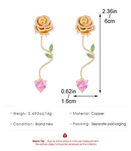 Detailed size specifications for pink zircon rose earrings with dimensions and copper material