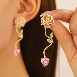 French luxury rose gold earrings with pink heart crystal and sparkling floral diamonds
