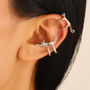 Chic silver cat ear cuffs set with green stone eyes for non-pierced ears for women