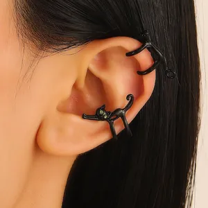 Alloy Cat Ear Cuff Earrings With Green Rhinestone Eyes Non Pierced Cute Animal Wrap Earring Jewelry For Women Girls