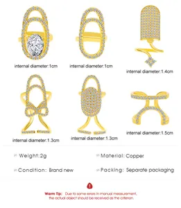 Detailed size chart for six gold-plated brass nail rings with rhinestone accents