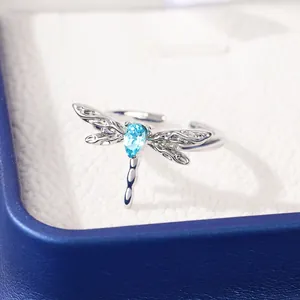 Makroaufnahme von Silber-Libellenring mit blauem Stein in einer Schmuckschatulle