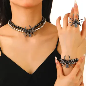 Gothik-Spinne-Schmuckset mit Halskette, Ring und Armband aus schwarzen Perlen und Kristallen