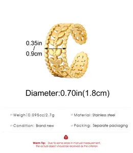 Detail view of gold hollow leaf stainless steel ring with size and weight specs
