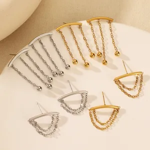 Detailed close-up of stainless steel tassel chain earrings in gold and silver finish