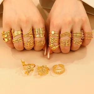 Set of 17 hollow golden stainless steel rings for women with adjustable minimalist designs