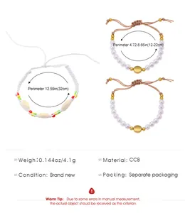 Detailed size guide for bohemian shell and pearl woven bracelets with adjustable cord