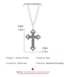 Size chart showing gothic cross pendant dimensions and alloy chain necklace measurements