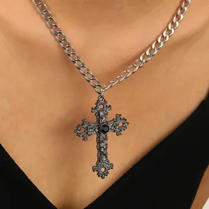 Gothic cross pendant necklace with black gemstone and vintage silver chain for women