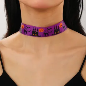 Collier choker d'Halloween en ruban violet avec imprimés mignons de fantôme et citrouille