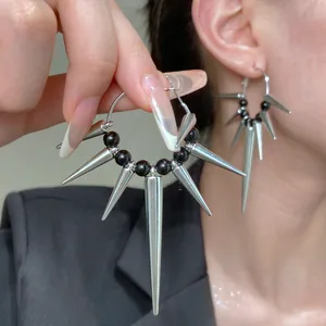 Gothic silver hoop earrings with black beads and dangling punk cone spikes for women