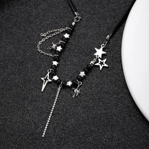 Y2K gothic black beaded necklace with silver stars and long tassel rhinestone chain