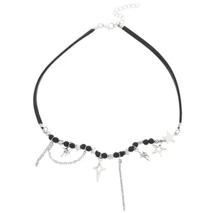 Y2K punk leather choker with silver star pendants and metallic fringe on white background
