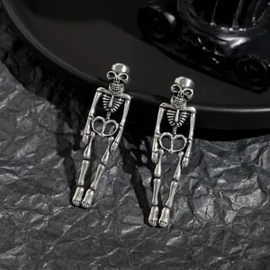 Gothic silver skeleton earrings with full body human bone design for Halloween jewelry