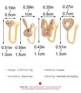 Detailed size chart for non-pierced copper nose cuffs with butterfly and heart zircon designs