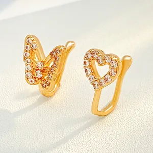 Vintage Copper Rhinestone Nose Cuffs Set Butterfly Heart Rabbit Flower Non Piercing Body Jewelry For Women Clip On Nose Ring