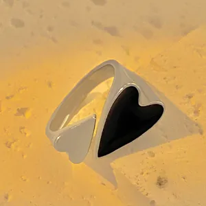 Minimalist silver open ring with double heart design and black enamel finish for women