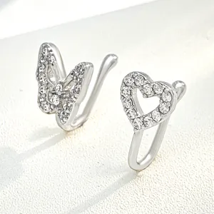 Sparkling silver butterfly and hollow heart non-pierced clip-on nose rings set