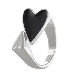 Minimalist silver open ring with double heart design and black glossy enamel finish
