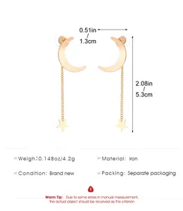 Detail showing dimensions of star and moon tassel earrings with golden metal chains