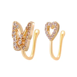 Golden non-piercing copper nose clips set with butterfly and heart zircon designs