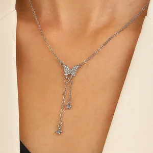 Vintage Butterfly Rhinestone Tassel Pendant Necklace For Women Zinc Alloy Gold Silver Plated Y-Shaped Sweater Chain Jewelry