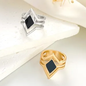 Retro multi-layer geometric diamond-shaped rings in gold and silver with black enamel