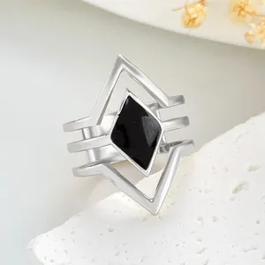 Modern silver multi-layer geometric ring with black diamond enamel center for unisex