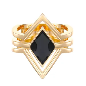 Vintage gold geometric multilayer shield ring with a large black diamond rhombic stone