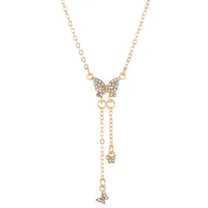 Vintage gold butterfly necklace with rhinestones and long tassel chain for women