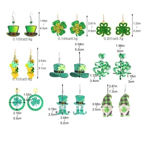 Size chart showing 9 St. Patrick's Day shamrock and hat earring styles with dimensions