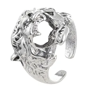 Retro silver tiger head ring with vintage embossed details and adjustable open band design