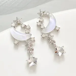 Fairy Star Moon Rhinestone Stud Earrings Iridescent Moon Dangle Alloy Silver Earrings Jewelry For Women Sweet Daily Accessory