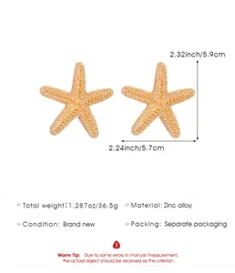 Detail of gold starfish earrings showing zinc alloy texture and dimensions of 5.9cm